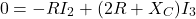 \[0 = -R I_2 + (2 R + X_C) I_3 \]