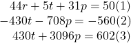 \begin{array}{r} 44r + 5t + 31p = 50{\rm{          (1)}}\\  - 430t - 708p =  - 560{\rm{     }}(2)\\ 430t + 3096p = 602{\rm{        (3)}} \end{array}