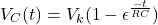 \[V_C (t) = V_k (1 -\epsilon^{\frac{-t}{RC}}) \]