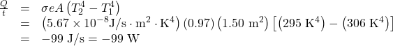 \begin{array}{lll}\frac{Q}{t}&=&\sigma{e}A\left(T^4_2-T^4_1\right)\\\text{ }&=&\left(5.67\times10^{-8}\text{J/s}\cdot\text{m}^2\cdot\text{K}^4\right)\left(0.97\right)\left(1.50\text{ m}^2\right)\left[\left(295\text{ K}^4\right)-\left(306\text{ K}^4\right)\right]\\\text{ }&=&-99\text{ J/s}=-99\text{ W}\end{array}\\