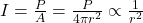 I=\frac{P}{A}=\frac{P}{4\pi {r}^{2}}\propto \frac{1}{{r}^{2}}\\