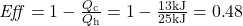 \mathit{Eff}=1-\frac{{Q}_{\text{c}}}{{Q}_{\text{h}}}=1-\frac{\text{13}\text{kJ}}{\text{25}\text{kJ}}=0\text{.}\text{48}\\
