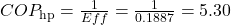 COP_{\text{hp}}=\frac{1}{Eff}=\frac{1}{0.1887}=5.30\\