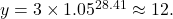 y=3\times 1.05^{28.41}\approx 12.
