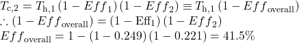 \begin{array}{l}{T}_{\text{c,2}}={T}_{\text{h,1}}\left(1-{Eff}_{1}\right)\left(1-{Eff}_{2}\right)\equiv{T}_{\text{h,1}}\left(1-{Eff}_{\text{overall}}\right)\\\therefore\left(1-{Eff}_{\text{overall}}\right)=\left(1-{\mathit{\text{Eff}}}_{1}\right)\left(1-{Eff}_{2}\right)\\{Eff}_{\text{overall}}=1-\left(1-0.249\right)\left(1-0.221\right)=41.5\%\end{array}\\