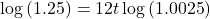 \[\log \left( {1.25} \right) = 12t\log \left( {1.0025} \right)\]