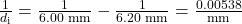 \frac{1}{d_{\text{i}}}=\frac{1}{6.00\text{ mm}}-\frac{1}{6.20\text{ mm}}=\frac{0.00538}{\text{mm}}\\