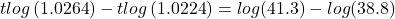 tlog\left( {1.0264} \right) - tlog\left( {1.0224} \right) = log(41.3) - log(38.8)