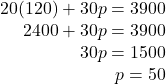 \begin{array}{r} 20(120) + 30p = 3900\\ 2400 + 30p = 3900\\ 30p = 1500\\ p = 50 \end{array}