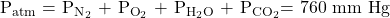 {\text{P}}_{\text{atm}}{\text{ = P}}_{{\text{N}}_{\text{2}}}{\text{ + P}}_{{\text{O}}_{\text{2}}}{\text{ + P}}_{{\text{H}}_{\text{2}}\text{O}}{\text{ + P}}_{{\text{CO}}_{\text{2}}}\text{= 760 mm Hg}