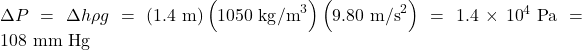 Rendered by QuickLaTeX.com \Delta P=\Delta h\rho g=\left(1.4 \text{ m}\right)\left(\text{1050 kg}{\text{/m}}^{3}\right)\left(9.80 \text{ m/s}^{2}\right)=1\text{.}4\times {\text{10}}^{4}\text{ Pa}=\text{108 mm Hg}\\