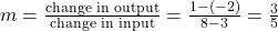 m = \frac{{{\textrm{change in output}}}}{{{\textrm{change in input}}}} = \frac{{1 - ( - 2)}}{{8 - 3}} = \frac{3}{5}