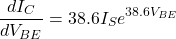 \[\frac{dI_C}{dV_{BE}} =38.6 I_S e^{38.6V_{BE}} \]
