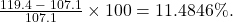 \frac{{119.4\; - \;107.1}}{{107.1}} \times 100 = 11.4846\% .\;