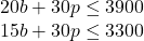 \begin{array}{{c}} {20b + 30p \leq 3900}\\ {15b + 30p \leq 3300} \end{array}