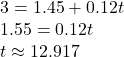 \begin{array}{l} 3 = 1.45 + 0.12t\\ 1.55 = 0.12t\\ t \approx 12.917 \end{array}