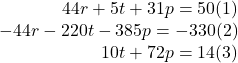 \begin{array}{r} 44r + 5t + 31p = 50{\rm{        (1)}}\\  - 44r - 220t - 385p =  - 330{\rm{   }}(2)\\ 10t + 72p = 14{\rm{        (3)}} \end{array}