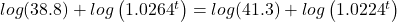 log(38.8) + log\left( {{{1.0264}^t}} \right) = log(41.3) + log\left( {{{1.0224}^t}} \right)