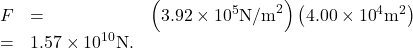 \begin{array}{lll}F& =& \left(3.92\times {\text{10}}^{5}{\text{N/m}}^{2}\right)\left(4.00\times {\text{10}}^{4}{\text{m}}^{2}\right)\ & =& 1.57\times {\text{10}}^{\text{10}}\text{N.}\end{array}\\