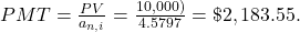 PMT=\frac{PV}{a_{n,i}}=\frac{10,000)}{4.5797}=\textdollar 2,183.55.