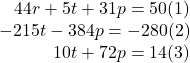 \begin{array}{r} 44r + 5t + 31p = 50{\rm{        (1)}}\\  - 215t - 384p =  - 280{\rm{   }}(2)\\ 10t + 72p = 14{\rm{        (3)}} \end{array}