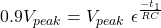 \[0.9 V_{peak} = V_{peak}\ \epsilon^{\frac{-t_1}{RC}} \]