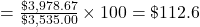 = \frac{{\char36 3,978.67}}{{\char36 3,535.00}} \times 100 = \char36 112.6