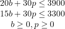 \begin{array}{c} 20b + 30p\leq3900\\ 15b + 30p\leq3300\\ b\geq0, p\geq0 \end{array}