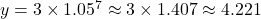 y=3\times 1.05^7 \approx 3\times 1.407 \approx 4.221