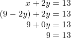 \begin{array}{r} x + 2y = 13\\ \left( {9 - 2y} \right) + 2y = 13\\ 9 + 0y = 13\\ 9 = 13 \end{array}