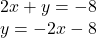 \begin{array}{r} 2x + y =  - 8\\ y =  - 2x - 8 \end{array}