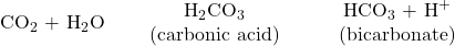 Rendered by QuickLaTeX.com \begin{array}{ccc}{\text{CO}}_{2}{\text{ + H}}_{2}\text{O}& ↔& \begin{array}{c}{\text{H}}_{2}{\text{CO}}_{3}\\ \text{(carbonic acid)}\end{array}\end{array}\text{ }\begin{array}{cc}↔& \begin{array}{c}{\text{HCO}}_{3}{\text{ + H}}^{+}\\ \text{(bicarbonate)}\end{array}\end{array}\text{ }