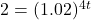 2 = {(1.02)^{4t}}