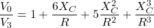 \[\frac{V_0}{V_3} = 1+ \frac{6 X_C}{R} + 5 \frac{X_C^2}{R^2} + \frac{X_C^3}{R^3} \]