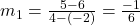 {m_1} = \frac{{5 - 6}}{{4 - ( - 2)}} = \frac{{ - 1}}{6}