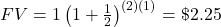 FV=1\left(1+\frac{1}{2}\right)^{(2)(1)}=\textdollar 2.25