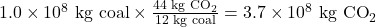 1.0\times10^{8}\text{ kg coal}\times\frac{44\text{ kg CO}_2}{12\text{ kg coal}}=3.7\times10^8\text{ kg CO}_2\\
