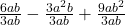 \frac{{6ab}}{{3ab}} - \frac{{3{a^2}b}}{{3ab}} + \frac{{9a{b^2}}}{{3ab}}