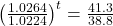 {\left( {\frac{{1.0264}}{{1.0224}}} \right)^t} = \frac{{41.3}}{{38.8}}