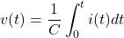 \[v(t)= \frac{1}{C}\int_{0}^{t} i(t) dt \]
