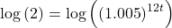 \[\log \left( 2 \right) = \log \left( {{{\left( {1.005} \right)}^{12t}}} \right)\]