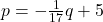 p =  - \frac{1}{{17}}q + 5