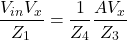 \[\frac{V_{in} − V_x}{Z_1} = \frac{1}{Z_4} − \frac{A − V_x}{Z_3} \]