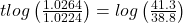 tlog\left( {\frac{{1.0264}}{{1.0224}}} \right) = log\left( {\frac{{41.3}}{{38.8}}} \right)