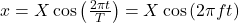 x=X\cos\left(\frac{2\pi{t}}{T}\right)=X\cos\left(2\pi{ft}\right)\\
