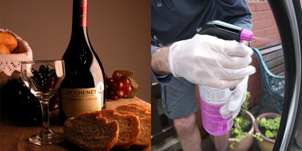 On the left is a common acid, and on the right is a common base. Which one is more potentially hazardous? Source: “Wine” by Priscila Darre is licensed under the Creative Commons Attribution-ShareAlike 2.0 Generic; “Spray” by robives is licensed under the Creative Commons Attribution-NonCommercial-ShareAlike 2.0 Generic.