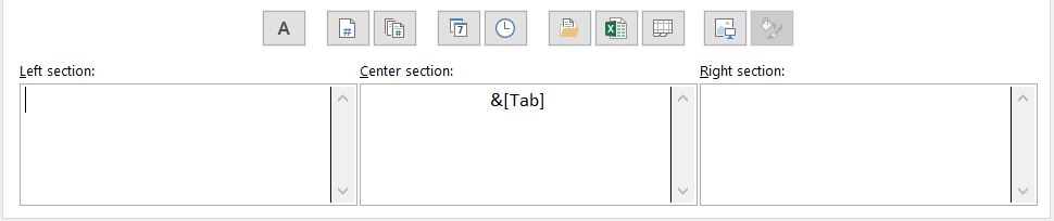 Footer dialog box shows options with 3 fields below: Left section, Center section, Right section. Center section is only one with data "&[Tab]".