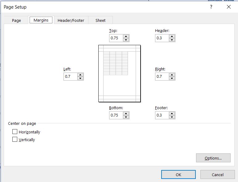 Page Setup dialog box with Page, Margin, Header/Footer, and Sheet tabs.  Margins tab selected with options to enter values for Left, Top, Header, Right, Footer, and Bottom.