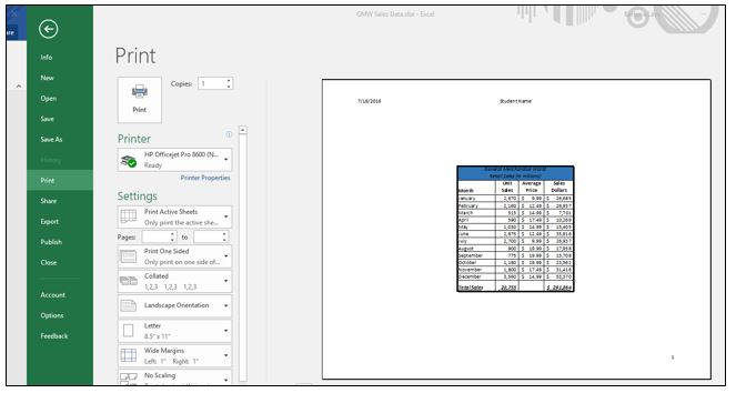 Print Backstage View with worksheet preview on right and print options on left, including printer choice and settings.