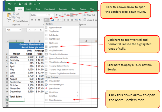 Format Borders Drop-Down Menu options